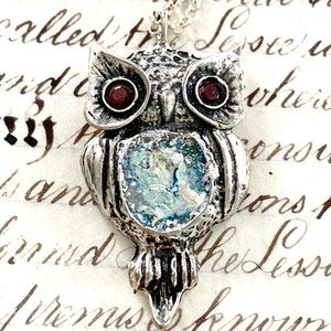Sterling Silver 925 Roman Glass Owl Necklace